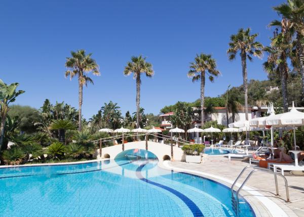 Piscina all'aperto con palme e lettini sotto ombrelloni bianchi.