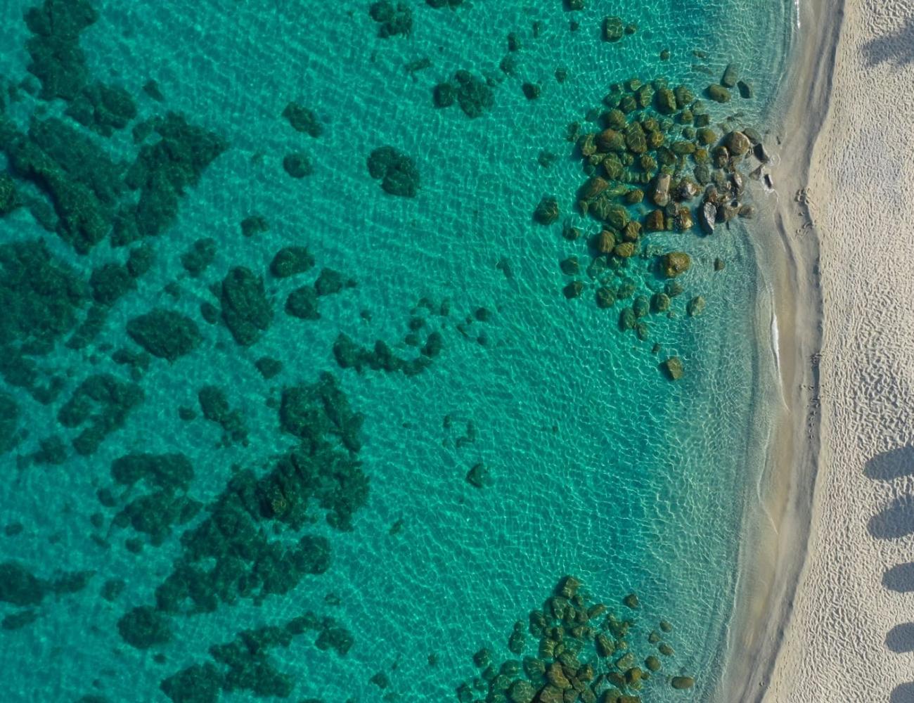 Plage avec parasols et mer claire vue d'en haut.