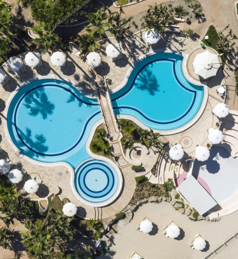 Vista aerea di una piscina con ombrelloni e palme.